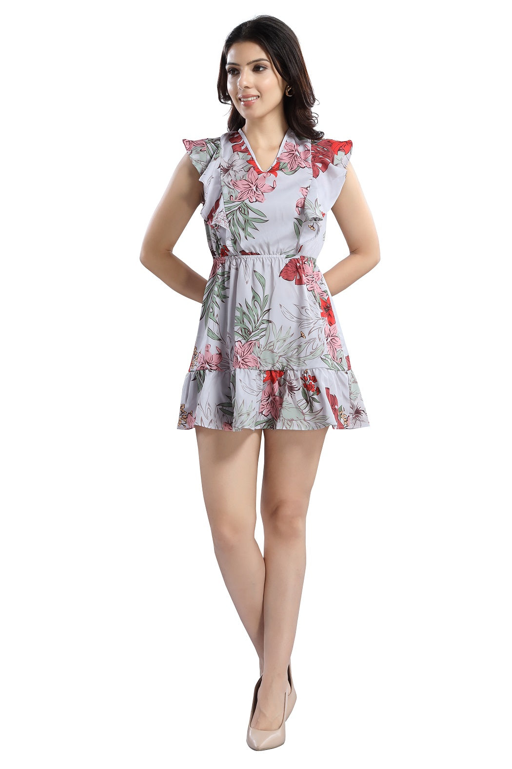 Cherrylavish Tropical Floral Print Ruffled Fit & Flare Mini Dress