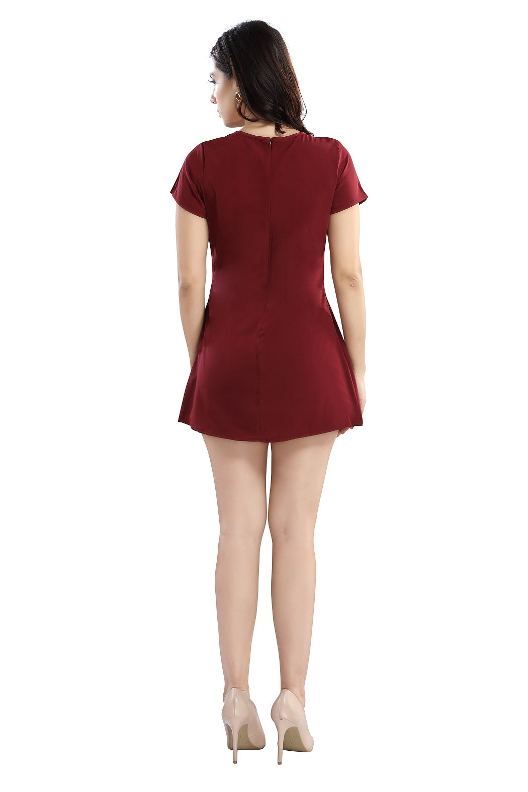 Cherrylavish  Solid Maroon Crepe Mini A-Line Dress With Cut-outs