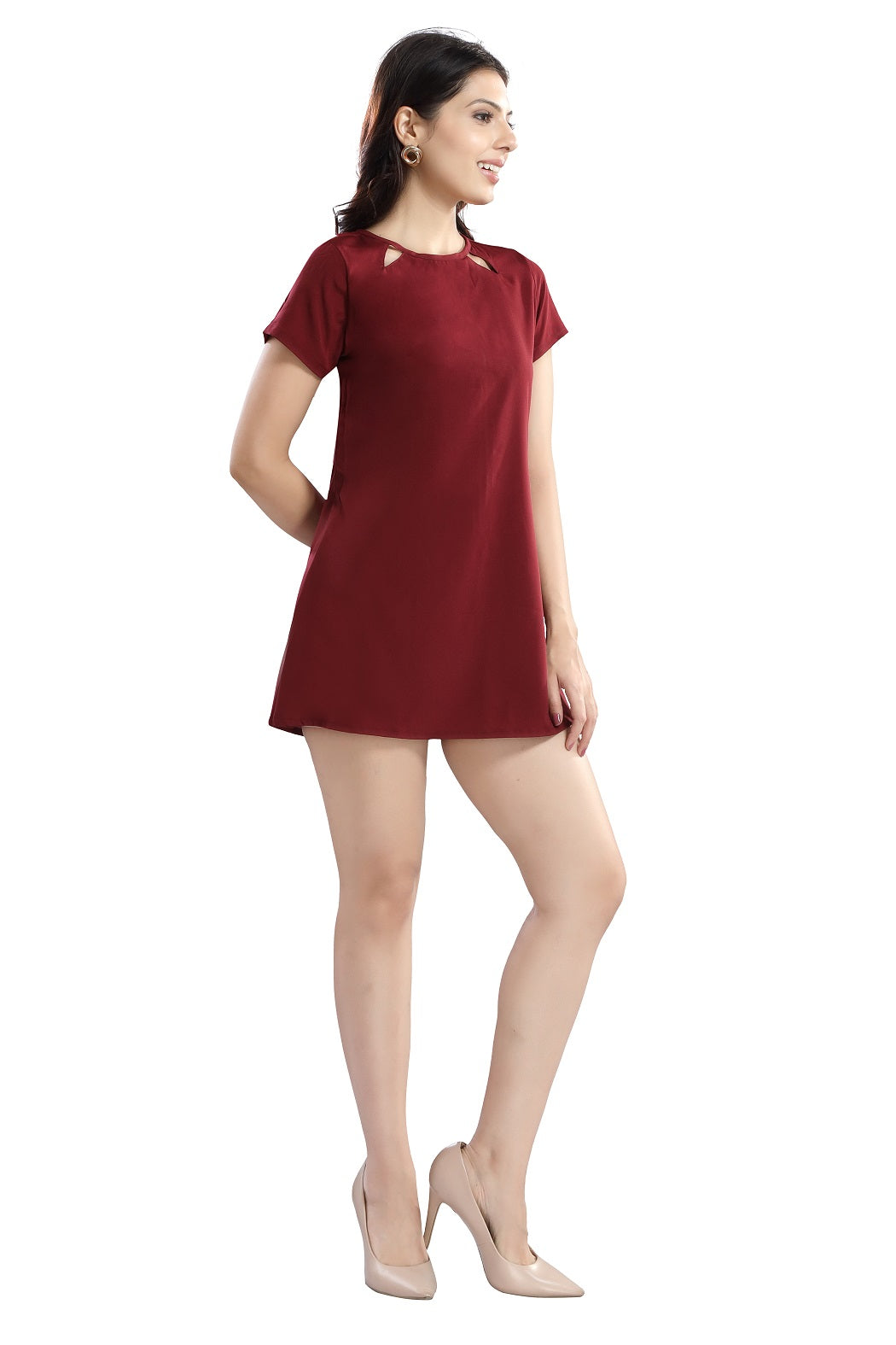 Cherrylavish  Solid Maroon Crepe Mini A-Line Dress With Cut-outs