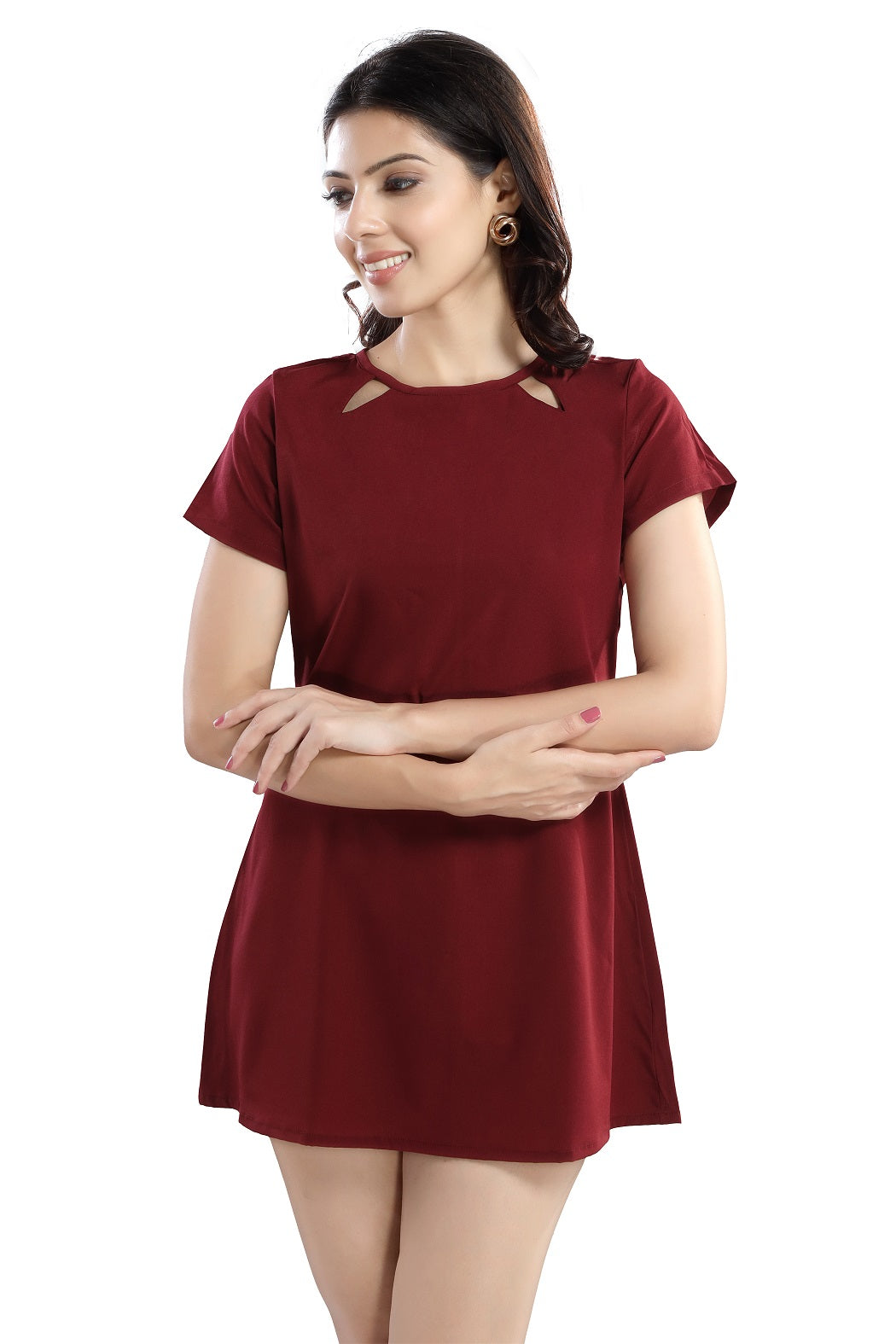 Cherrylavish  Solid Maroon Crepe Mini A-Line Dress With Cut-outs