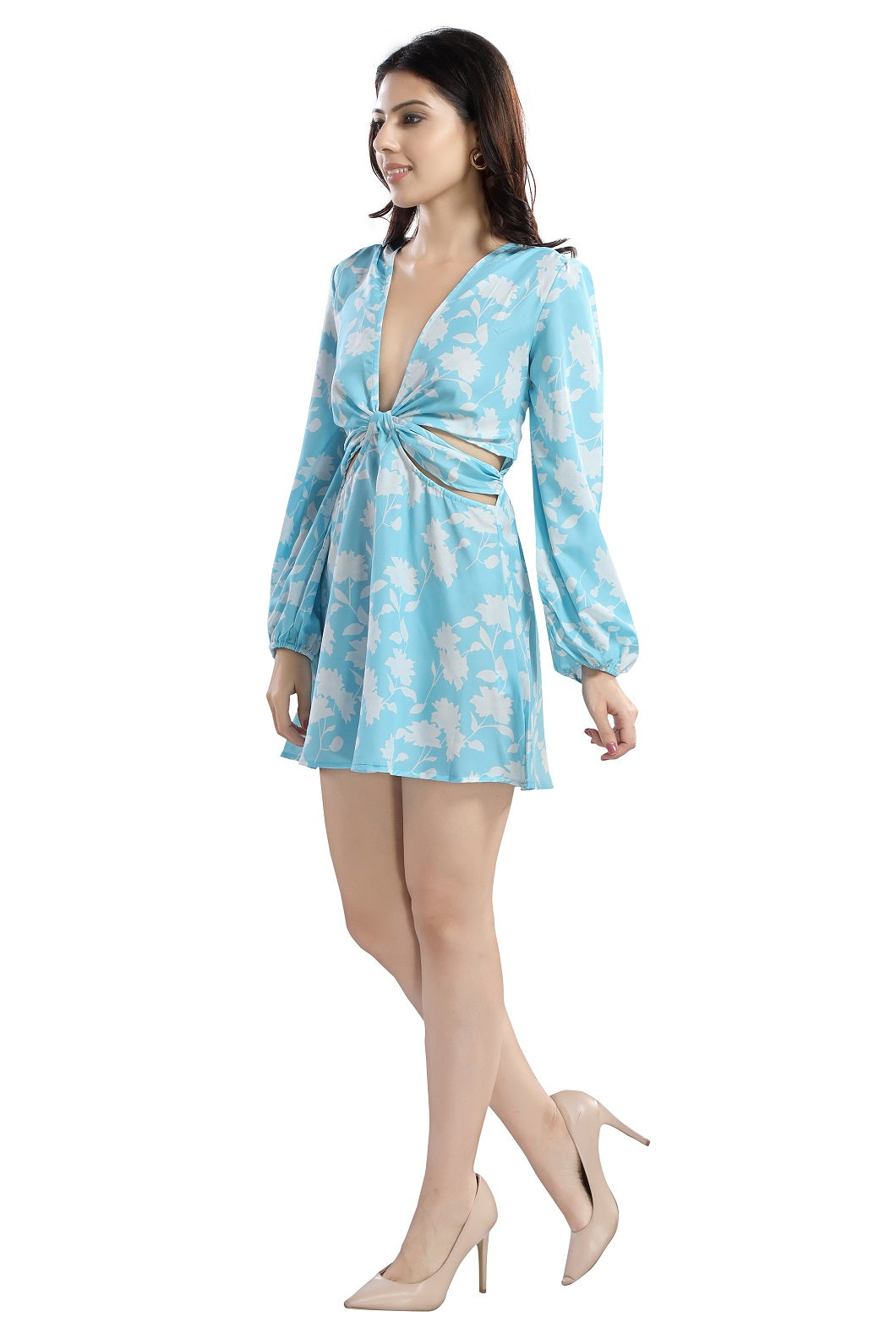 Cherrylavish Blue & White Floral Print Crepe Fit & Flare Dress With Cut-outs