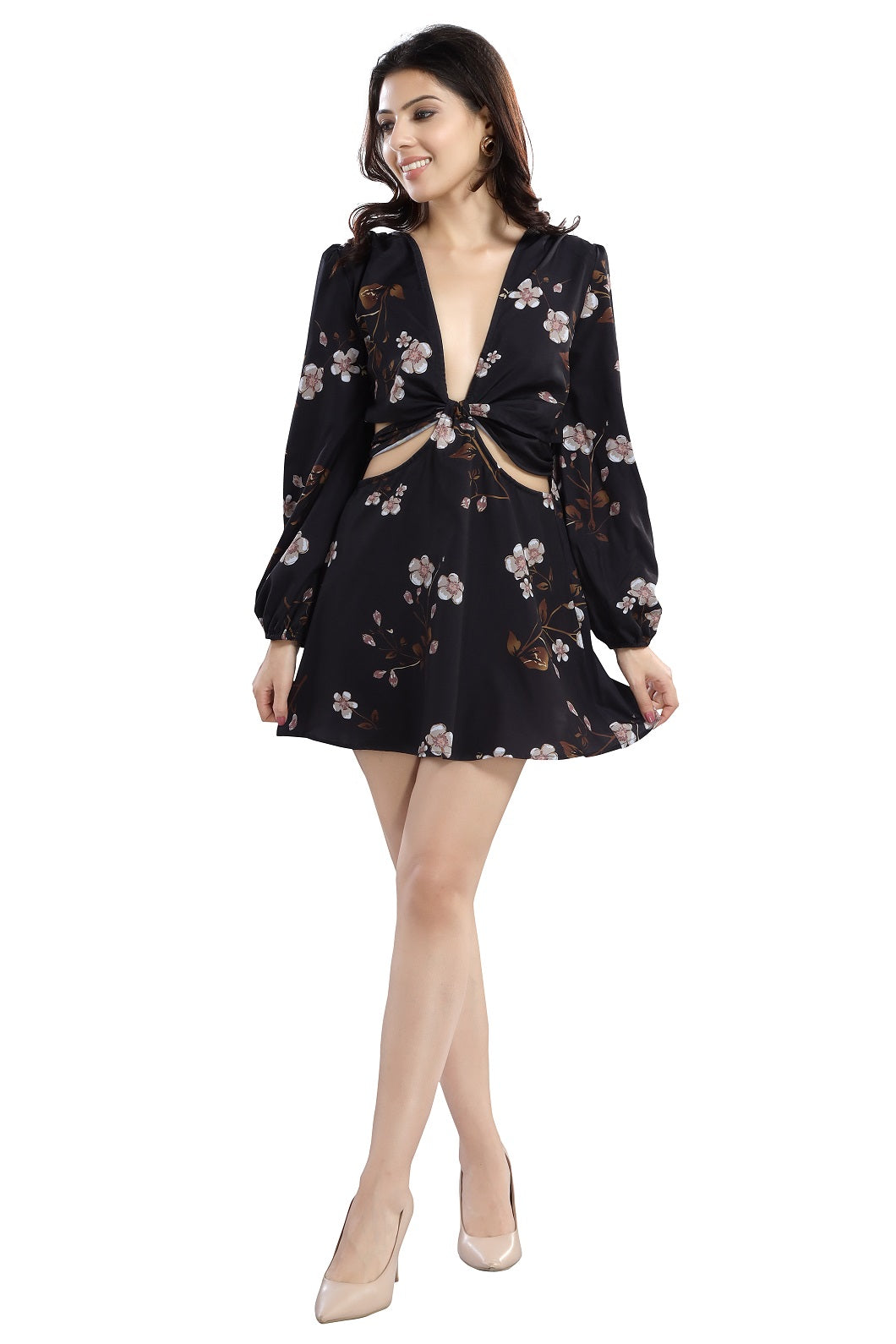 Cherrylavish Black Floral Print Crepe Fit & Flare Dress With Cut-outs