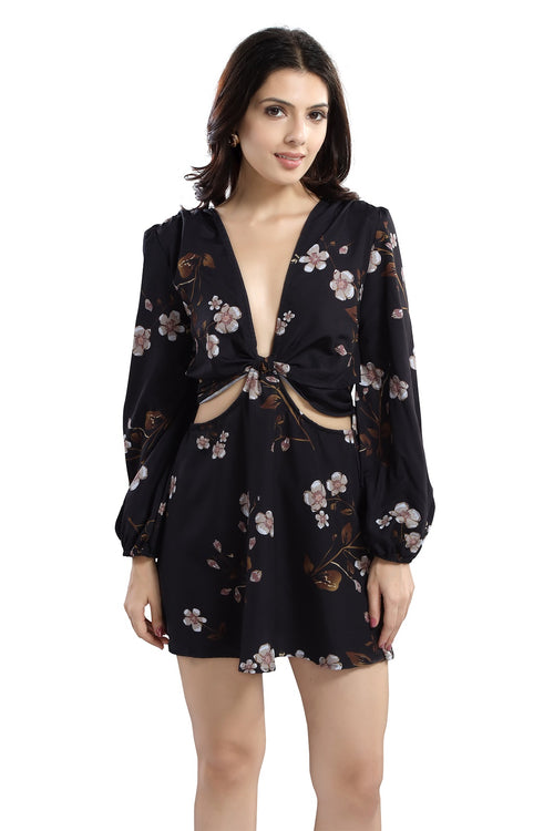 Cherrylavish Black Floral Print Crepe Fit & Flare Dress With Cut-outs