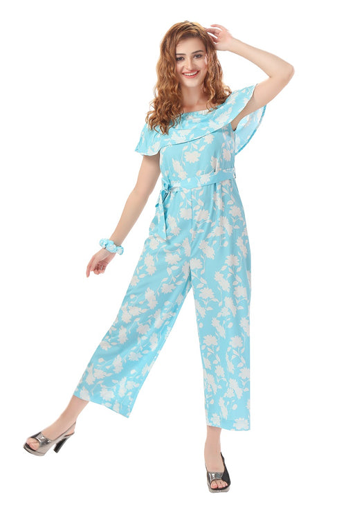 Cherrylavish Blue & White Floral Print Jumpsuit With Ruffle On Bust