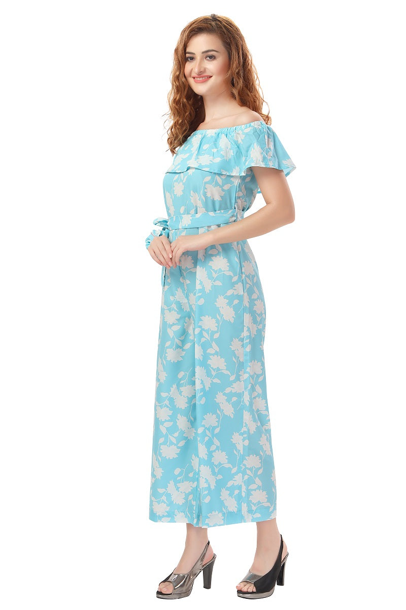 Cherrylavish Blue & White Floral Print Jumpsuit With Ruffle On Bust
