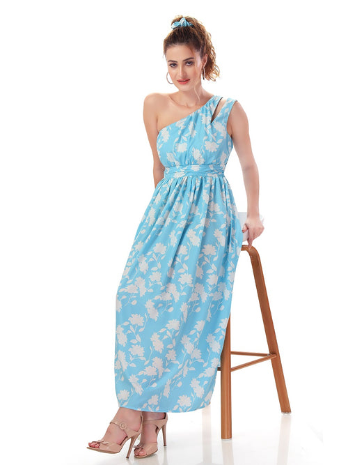 Cherrylavish Blue & White Floral Print One Shoulder Maxi Dress