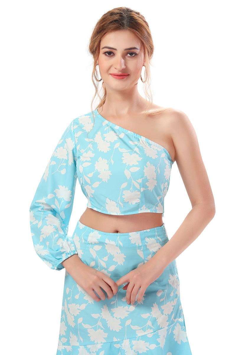 Cherrylavish Blue & White Floral Print Top & Skirt Co-Ords Set