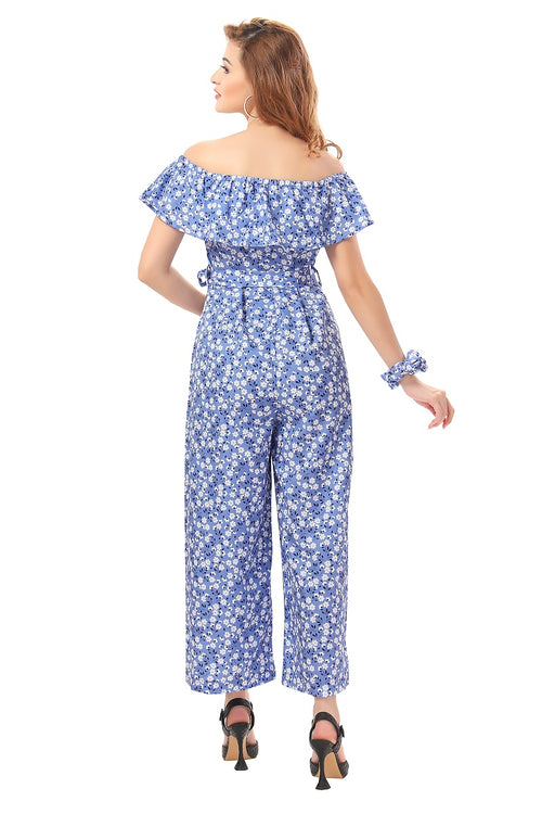 Cherrylavish Lavender Floral Print Jumpsuit With Ruffle On Bust