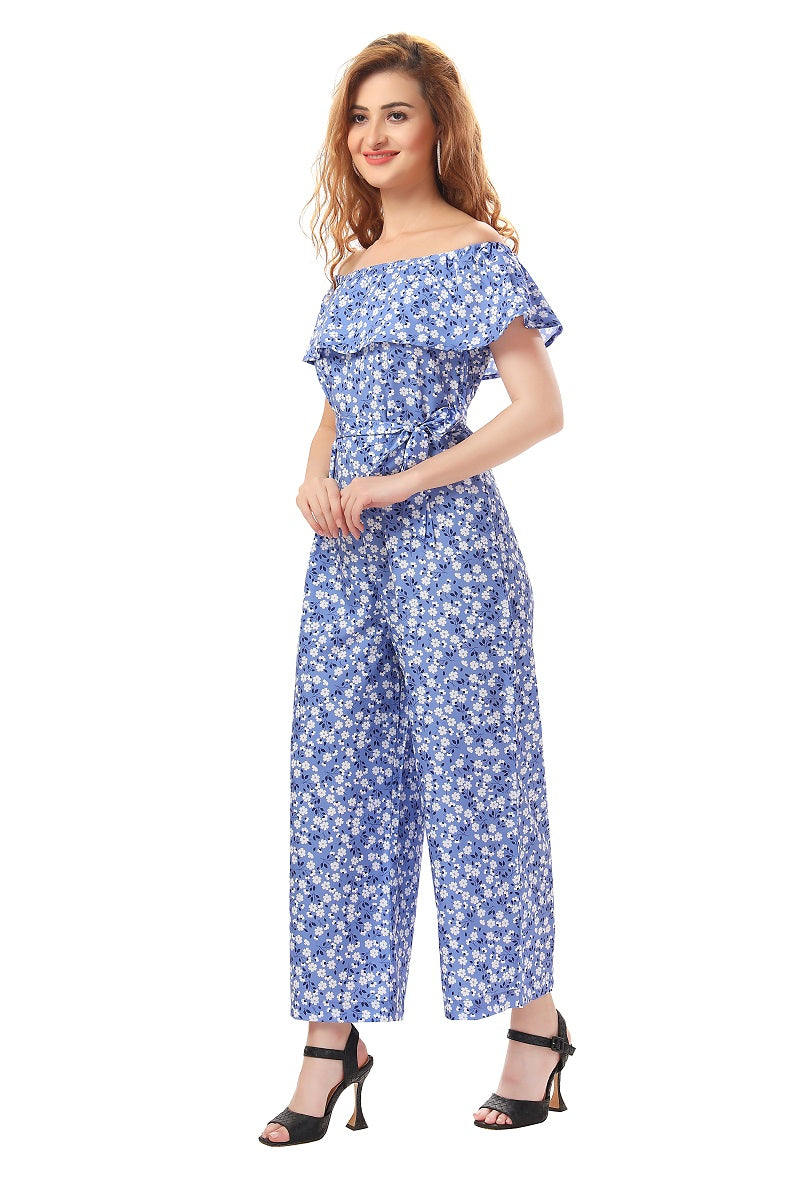 Cherrylavish Lavender Floral Print Jumpsuit With Ruffle On Bust