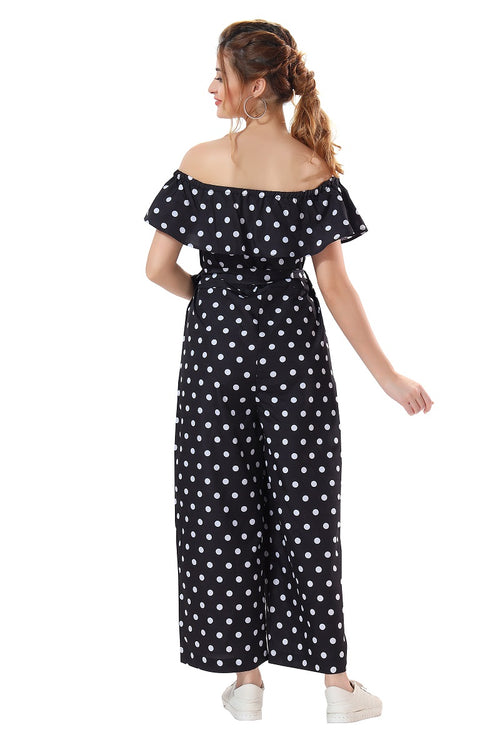 Cherrylavish Polka Dot Print Crepe Jumpsuit With Ruffle On Bust