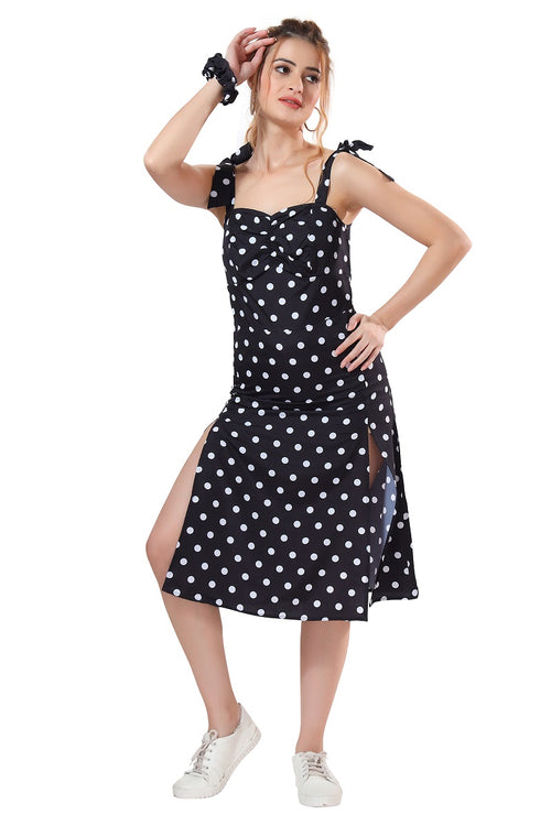 Cherrylavish Polka Dot Shoulder Tie Ruched Bust Slit Dress