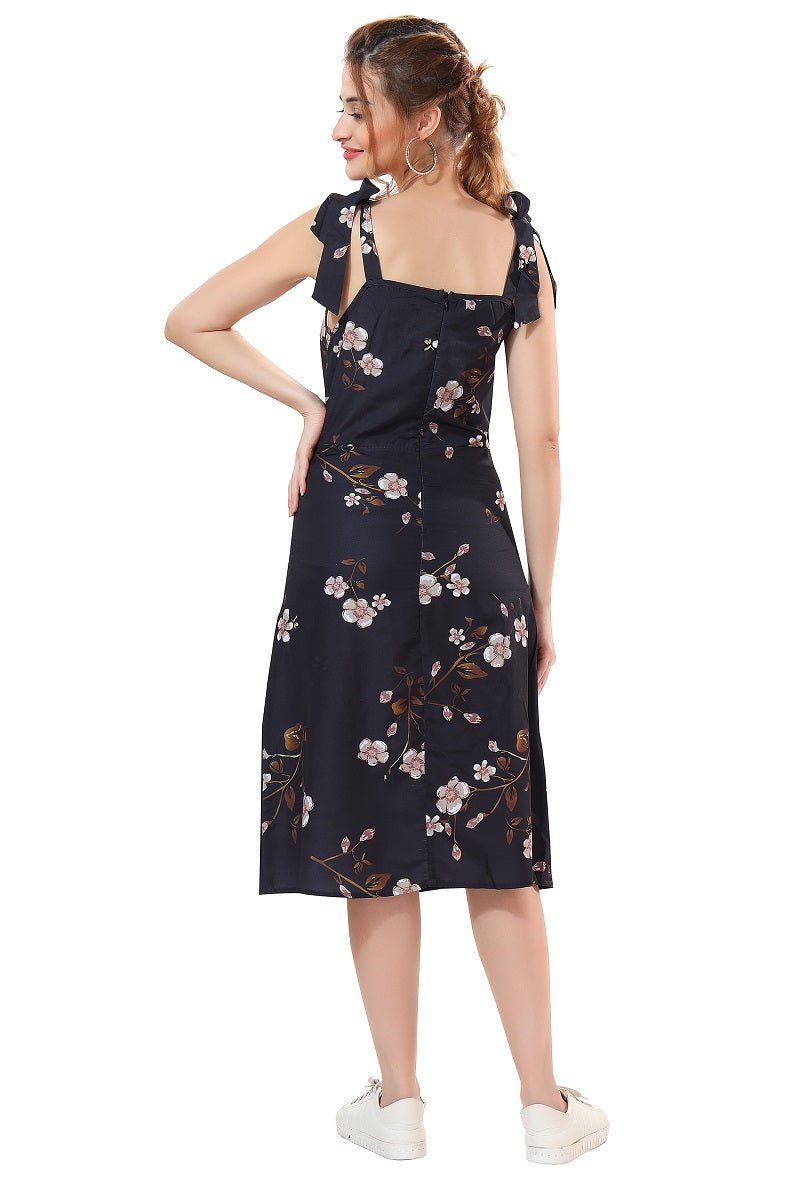 Cherrylavish Black Floral Shoulder Tie Ruched Bust Slit Dress