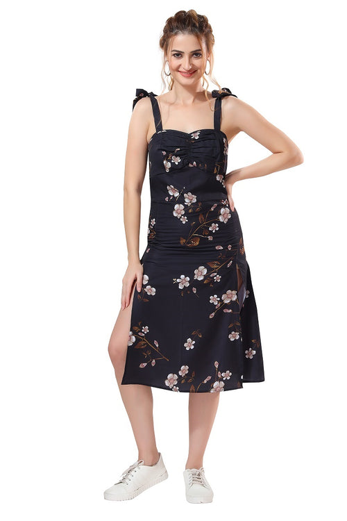 Cherrylavish Black Floral Shoulder Tie Ruched Bust Slit Dress