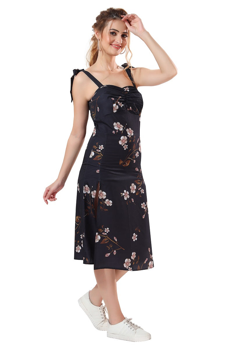 Cherrylavish Black Floral Shoulder Tie Ruched Bust Slit Dress