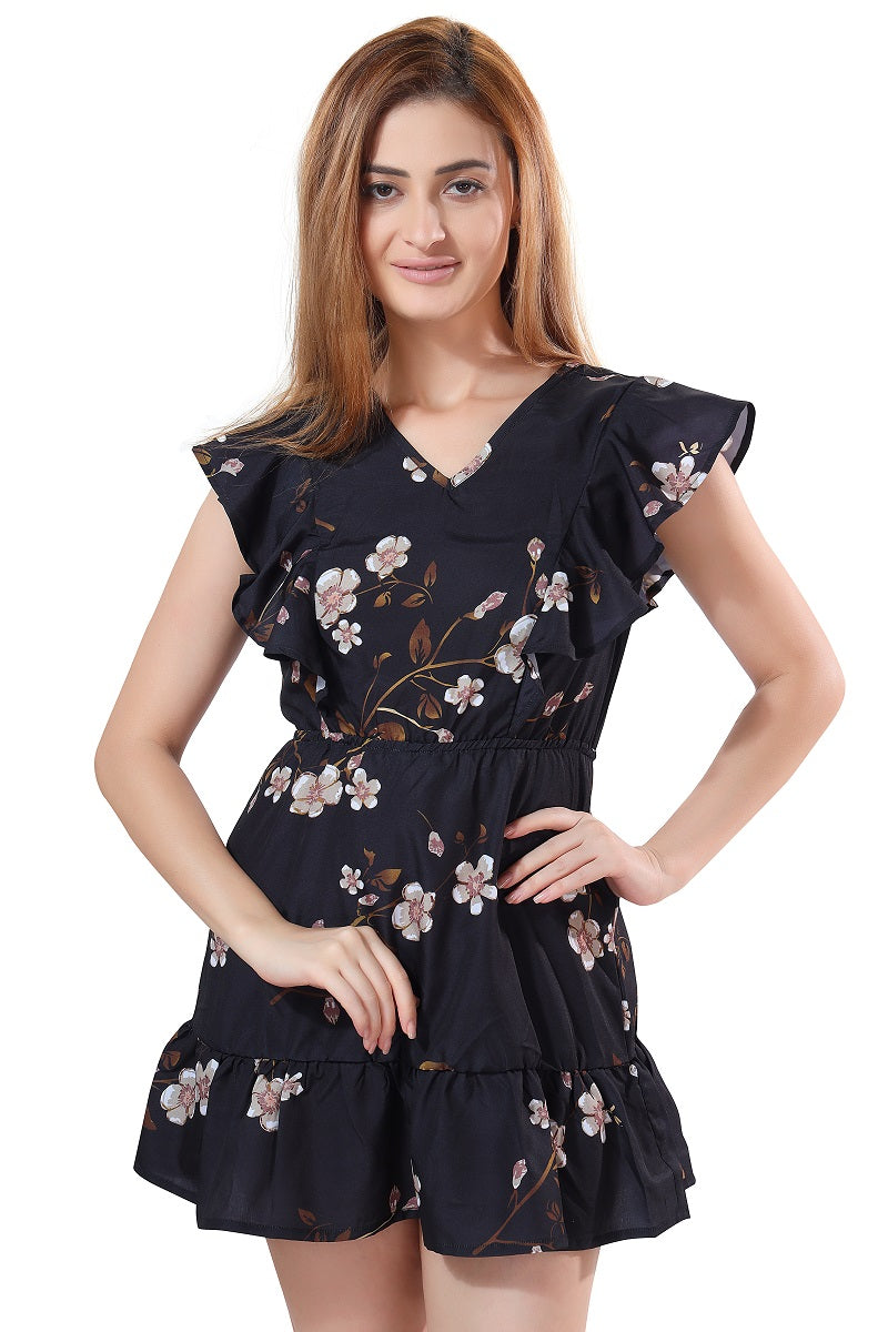 Cherrylavish Black Floral Print Ruffled Fit & Flare Mini Dress