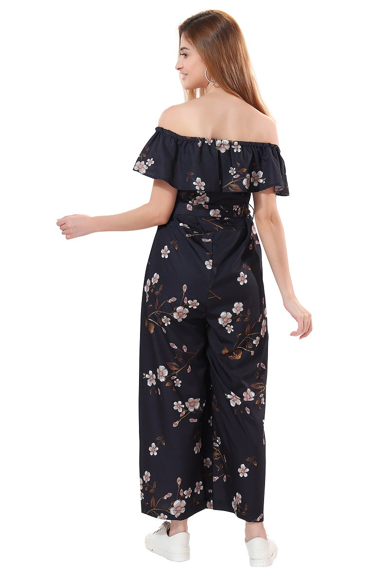 Cherrylavish Black Floral Print Crepe Jumpsuit With Ruffle On Bust