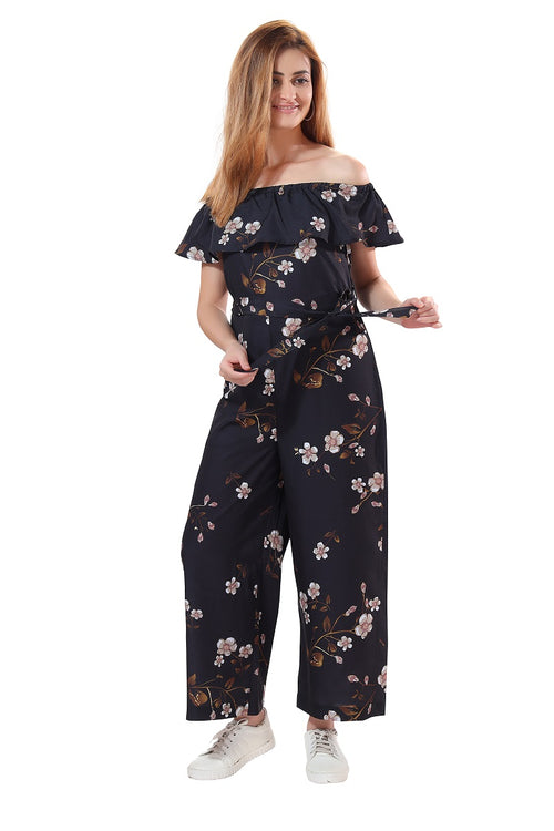 Cherrylavish Black Floral Print Crepe Jumpsuit With Ruffle On Bust