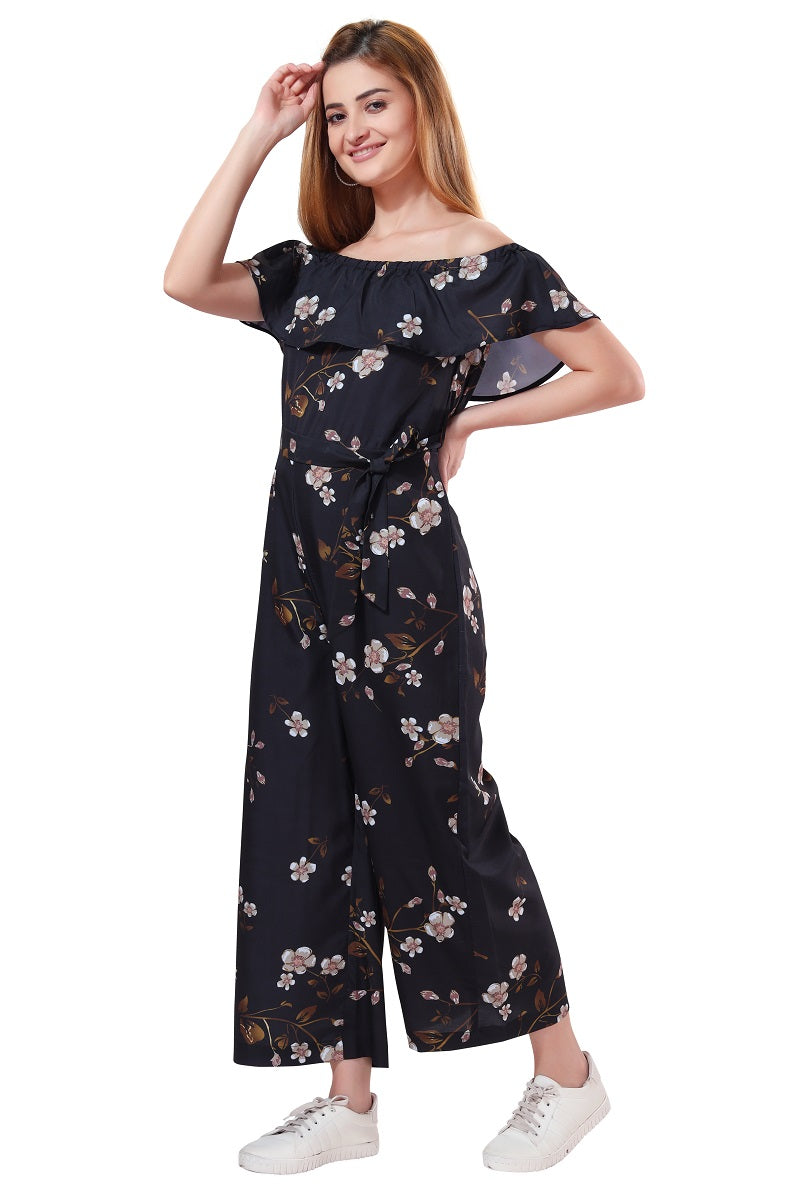 Cherrylavish Black Floral Print Crepe Jumpsuit With Ruffle On Bust