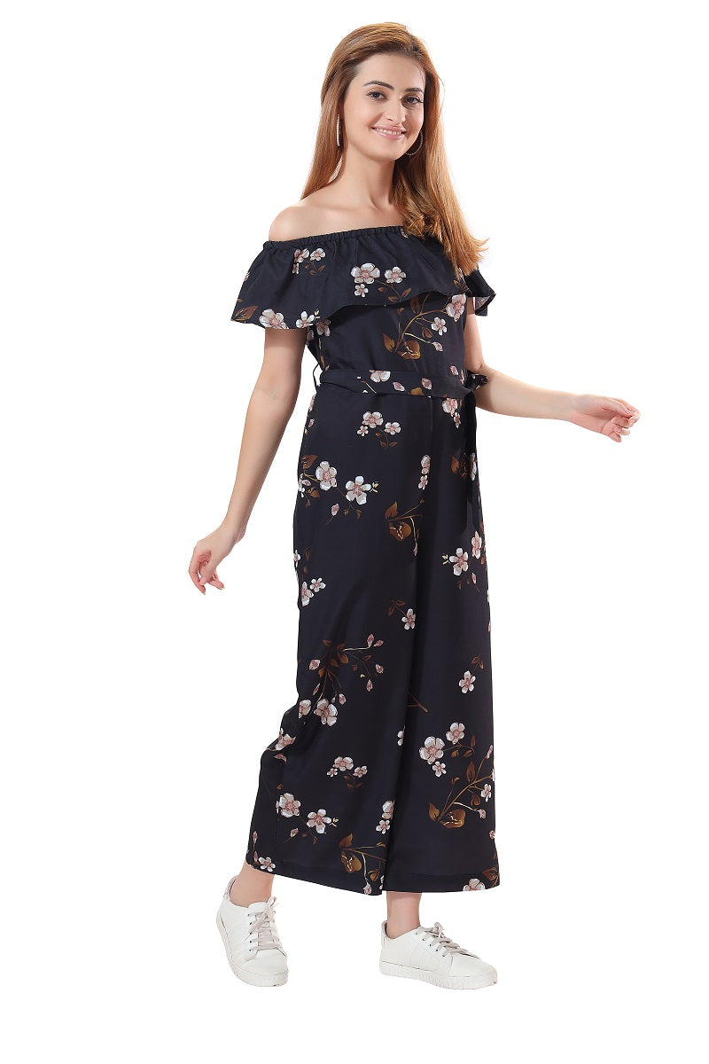 Cherrylavish Black Floral Print Crepe Jumpsuit With Ruffle On Bust